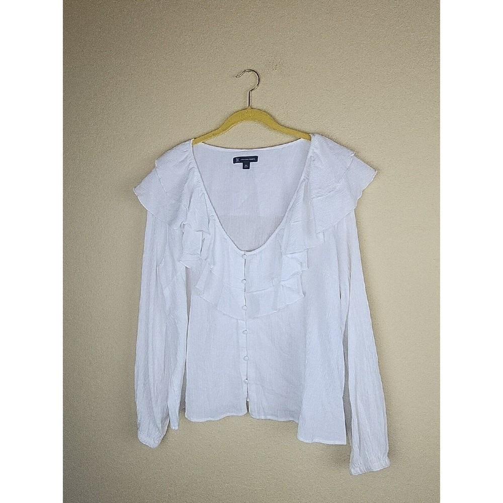 INC International Concepts White Ruffle V-Neck Button Front XXL Bright White‎